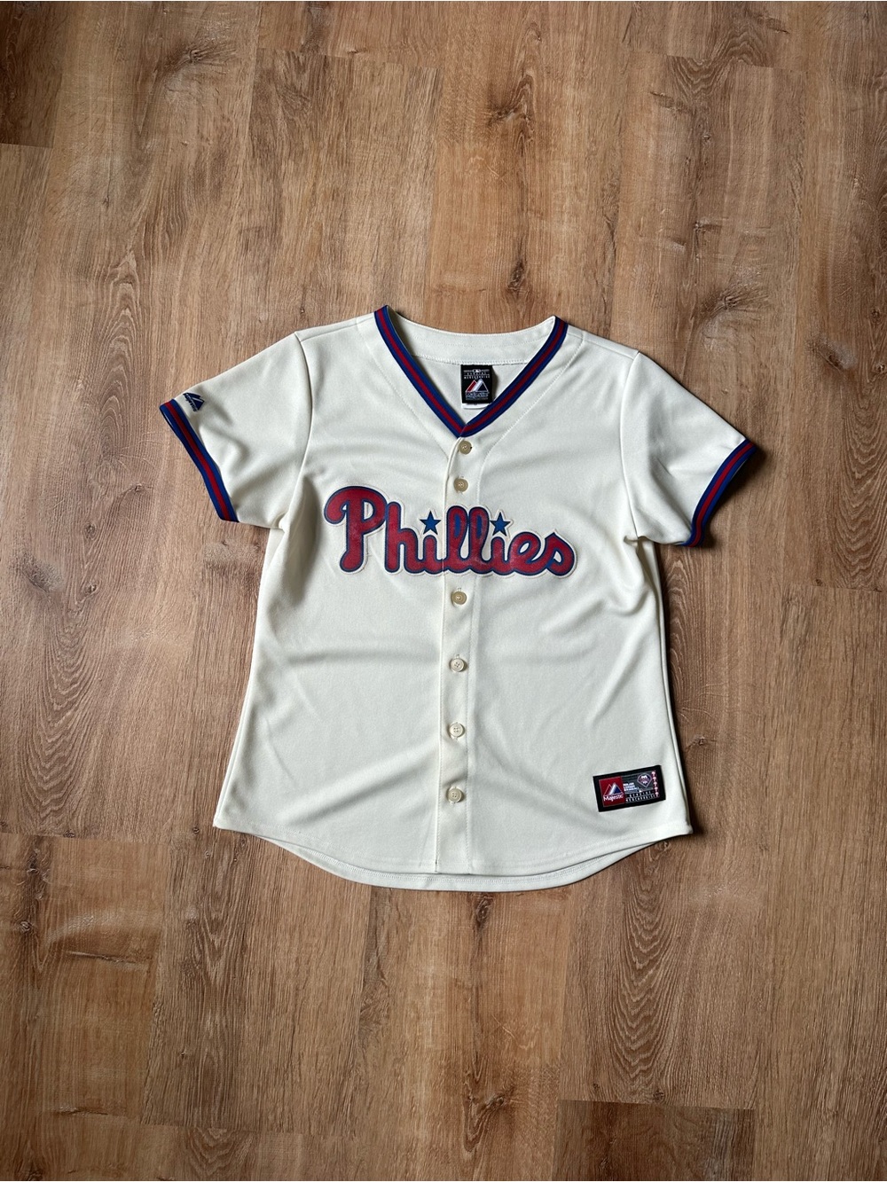 Majestic Cream Phillies women’s Jersey with Red & Blue Trim